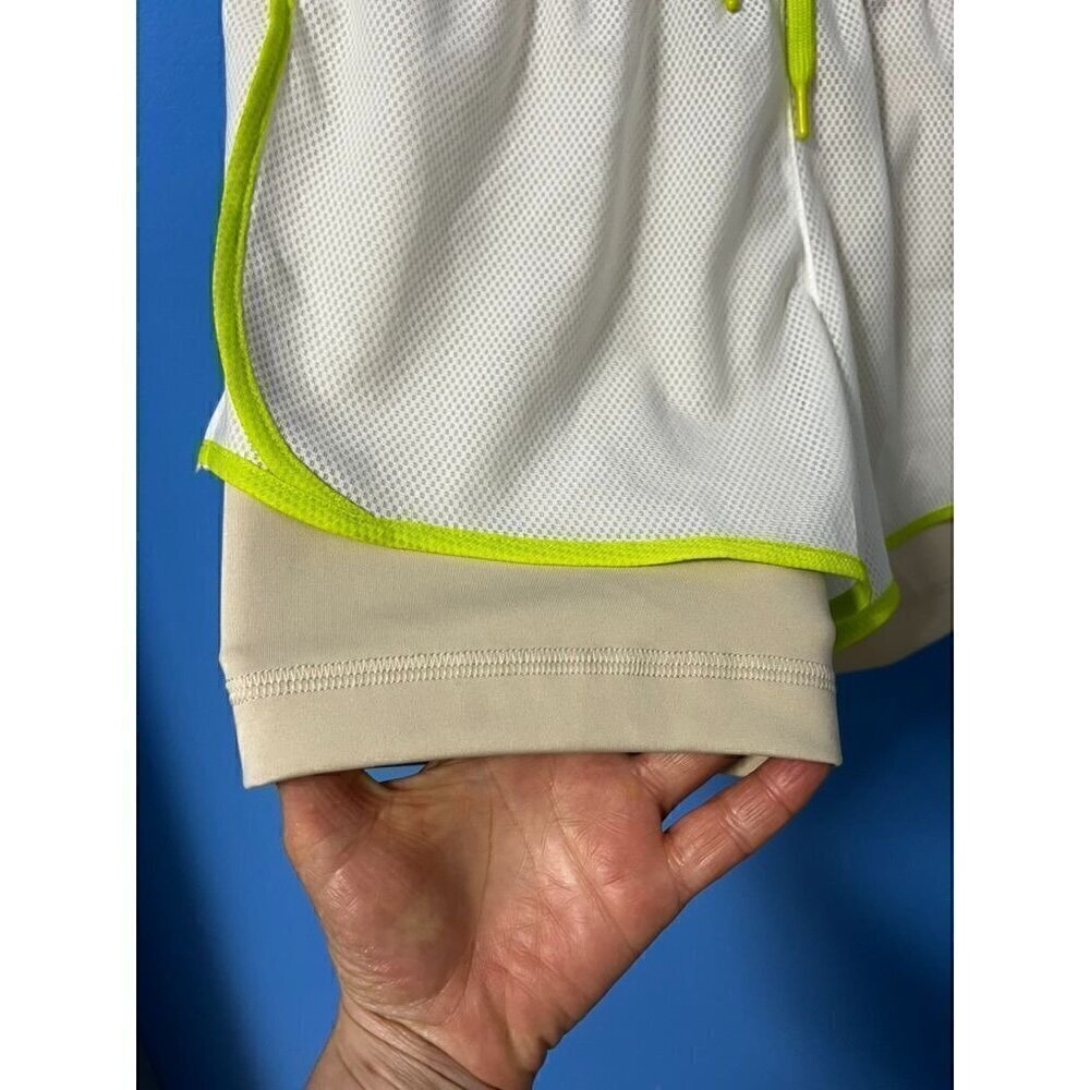 Nike Dri-Fit Tempo Girls 2-In-1 Training Shorts White/Beige Neon Green Accents L - Picture 3 of 9